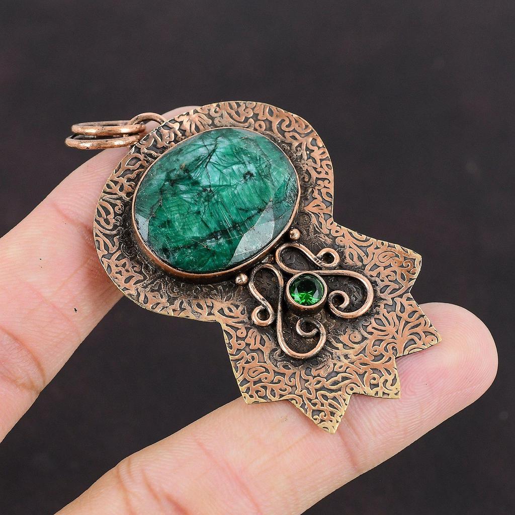Faceted Zambian Emerald Pendant Chrome Diopside Pendant Copper Pendant Genuine Gemstone Pendant Handmade Copper Jewelry Birthstone Pendant