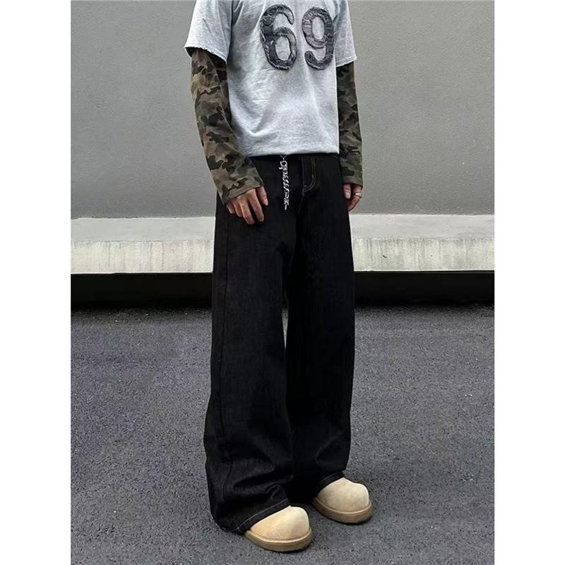 American new high street black three-dimensional tailoring jeans men and women loose and slightly straight wide-leg mopping pants tide