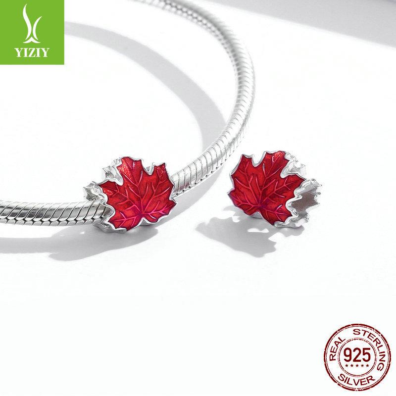 S925 Silver Red Passion Maple Leaf Beaded, Fashionable Dripping Leaf Diy Jewelry Accessories Bsc335