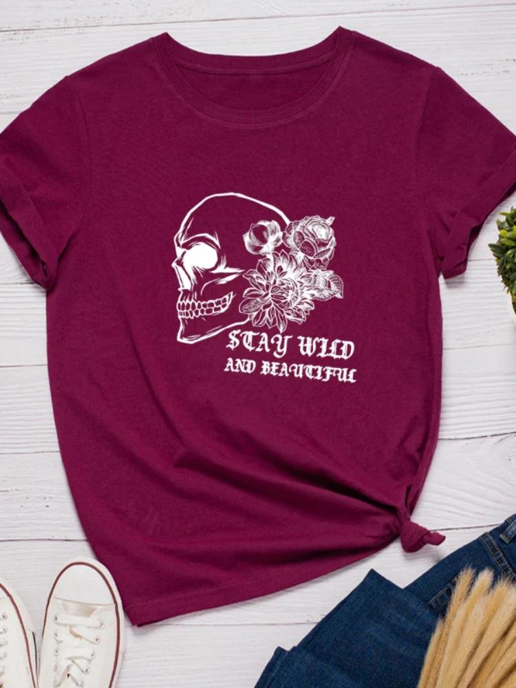 Skull Head Flower Print Women T Shirt Short Sleeve O Neck Loose Women Tshirt Ladies Fashion Tee Shirt Tops Camisetas Mujer