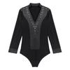 Men's Latin Dance Leotard - Glittery Rhinestones V Neck Long Sleeve Satin Patchwork Bodysuit for Performance