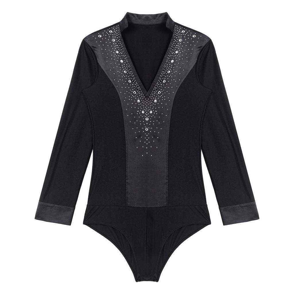 Men's Latin Dance Leotard - Glittery Rhinestones V Neck Long Sleeve Satin Patchwork Bodysuit for Performance