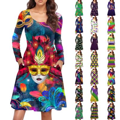 Robe Décontractée à Col Rond et Manches Longues pour Femme Imprimé Carnaval Taille Ample Robe Plissée