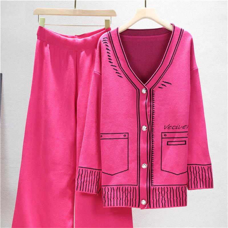 Women's Autumn And Winter Fashion Suit Loose Mid Length Knitted Top Wide Leg Pants Two Piece Set