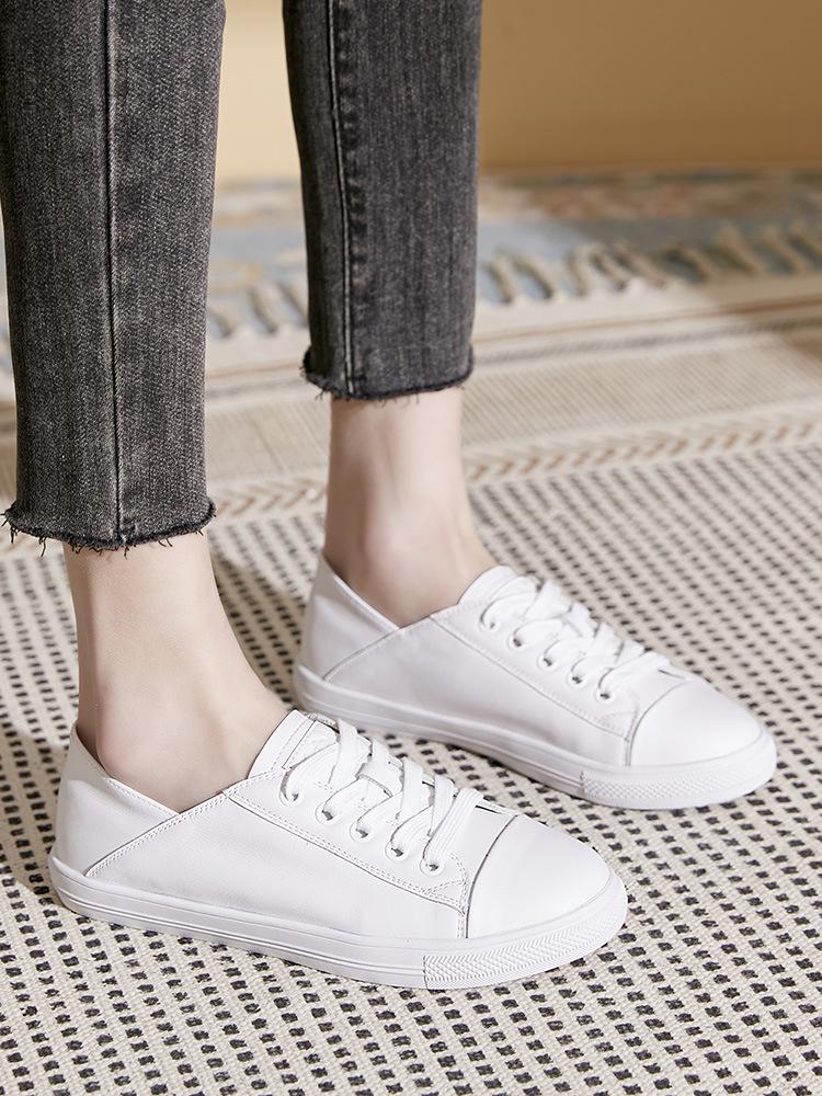 The First Layer of Cowhide Leather Little White Shoes Women's New Women's Shoes Lace Up Korean Version of Low-top Casual Board Shoes Women's
