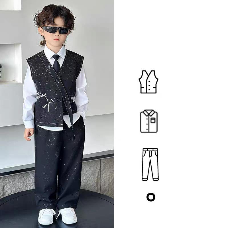 4 PCS Set Spring Summer  Boy Retro Stripes TShirt+Pants +Vest Kid Children Baby Gentleman Handsome Streetwear Party Clothes