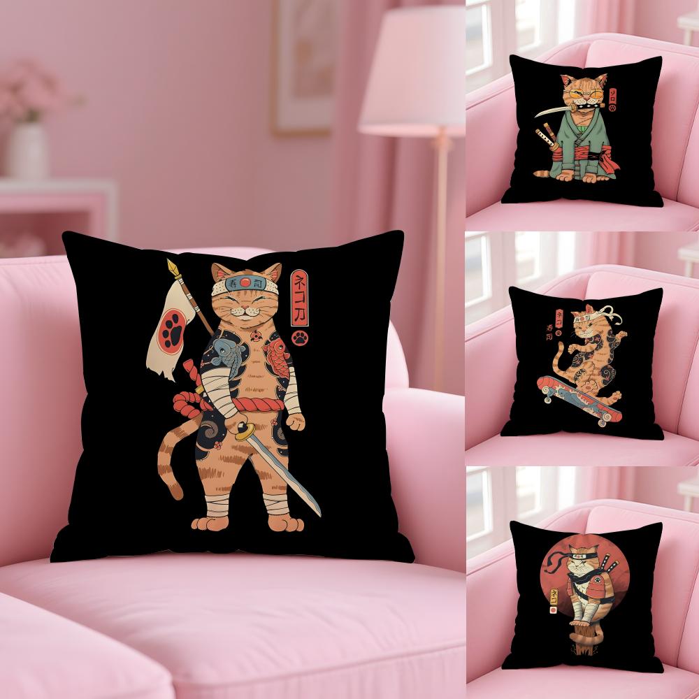 Japanese Style Samurai Cat Cushion Cover Plush Fabric Soft Double-Sided Printed Sofa Warm Winter Home Gift Pillow Cover