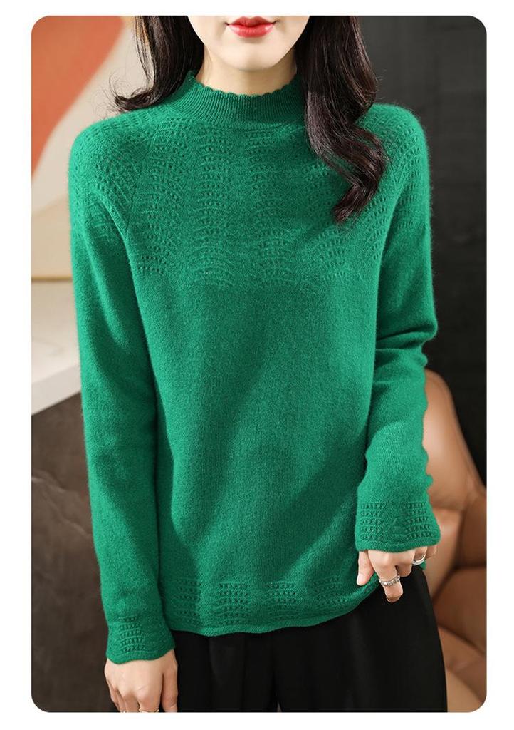 Women's Half-High Collar Wool Knit Sweater: Long Sleeve, Versatile Base Layer with Hollow Knit Design for Autumn and Winter
