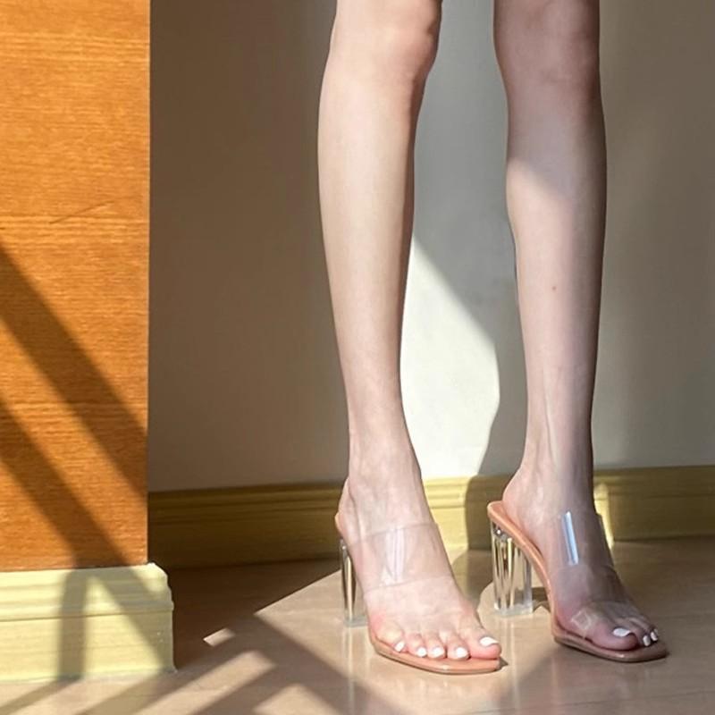 Transparent sexy high-heeled sandals women's summer thick-heeled glass crystal shoes cool slippers