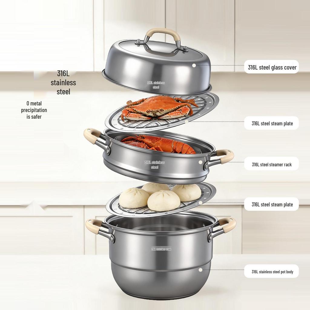 316L Stainless Steel Multi-Layer Steamer Pot for Steaming, Cooking, and Stewing – Induction and Gas Compatible.