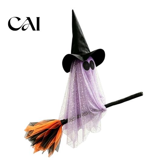 Decorative Broomstick with Ghost Mask Halloween Witch Broom Hanging Ornament, Spooky Hat Creepy Bar Ceiling Decoration Pendants for Indoor Outdoor