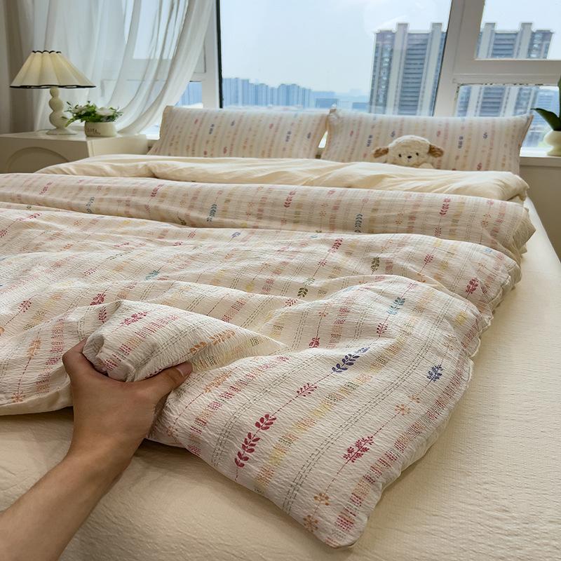 Cream Wind Double Yarn Bedding Four-piece Set Skin-friendly Breathable Washed Sheets Quilt Cover Pillowcase