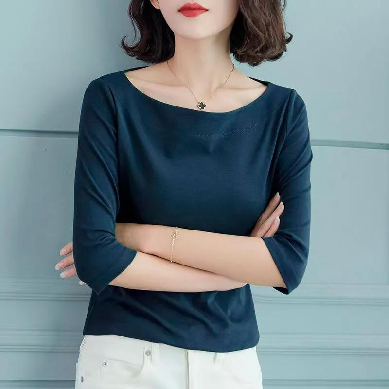 Damtopp, mörkblå, båthals, 3/4-ärm, smal passform, avslappnad