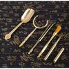 Brass Tea Ceremony Set With Tongs Pick Scoop Brush Holder - 6-Piece Gourmet Tools In Gift Box