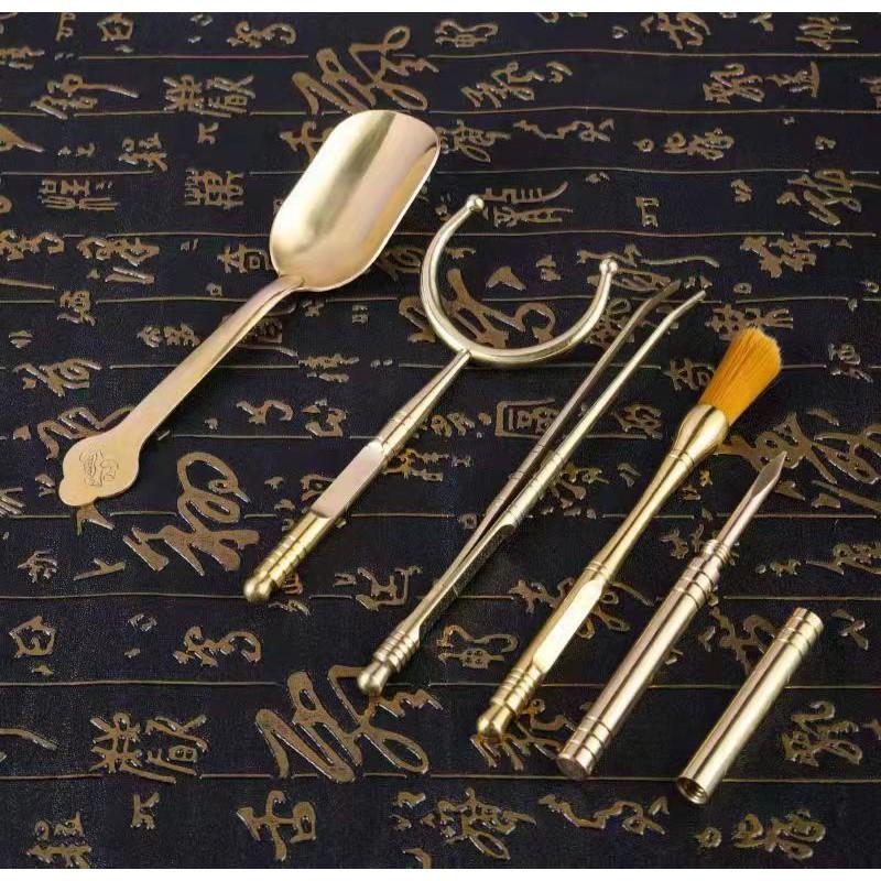 Brass Tea Ceremony Set With Tongs Pick Scoop Brush Holder - 6-Piece Gourmet Tools In Gift Box