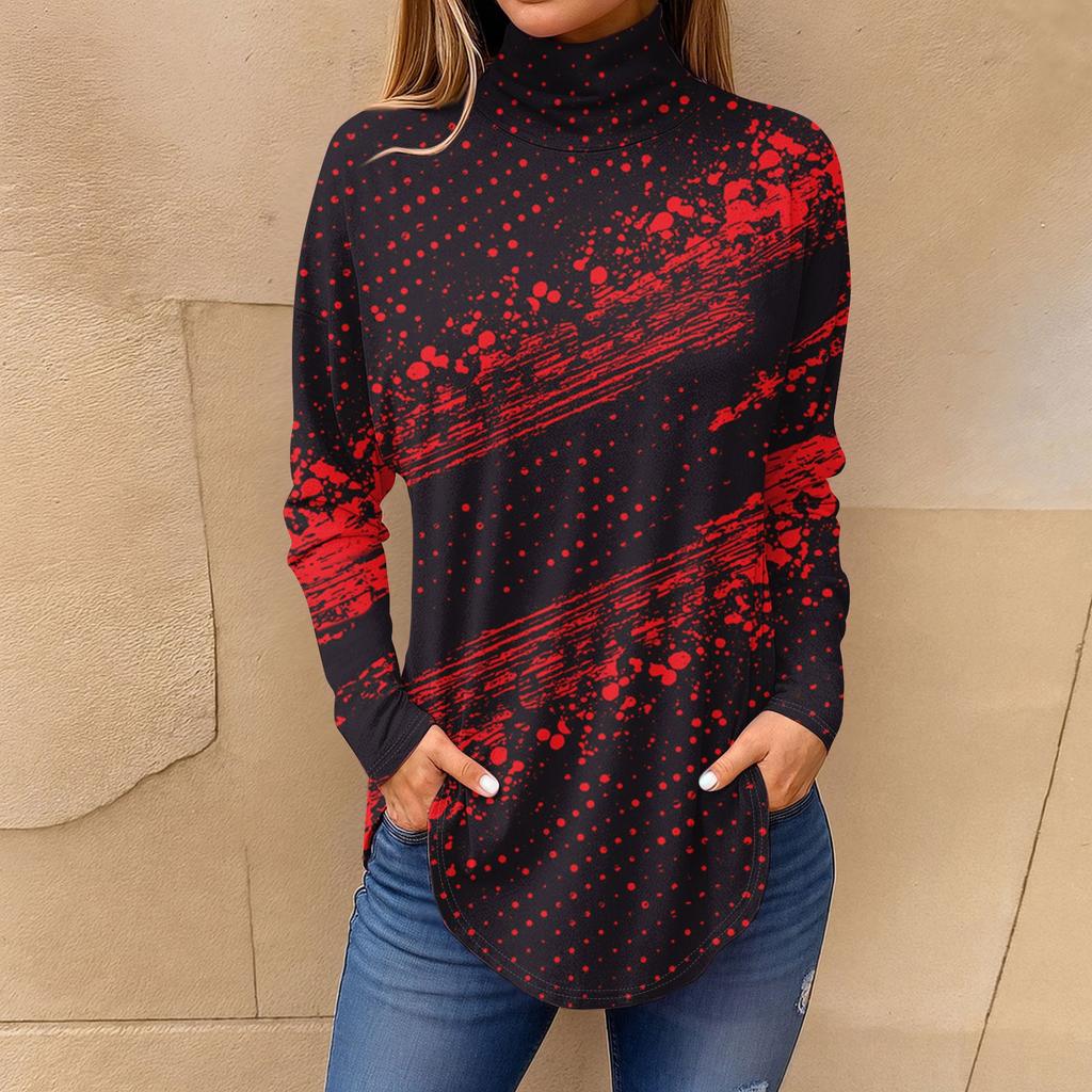 Tee Shirts For Women Fall Casual Long Sleeve Shirts Sweatshirt Vintage Printed High Neck Top Pullover