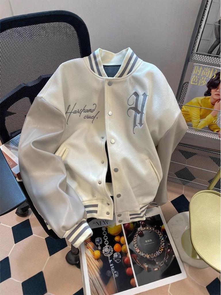 Men's Autumn/Winter Loose Fit Baseball Jacket with American Embroidery and Leather Sleeves