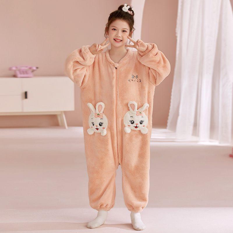 Thick Flannel Kids Pajamas One-Piece Sleepwear Boys Girls Winter Warm Home Suit Cartoon Print