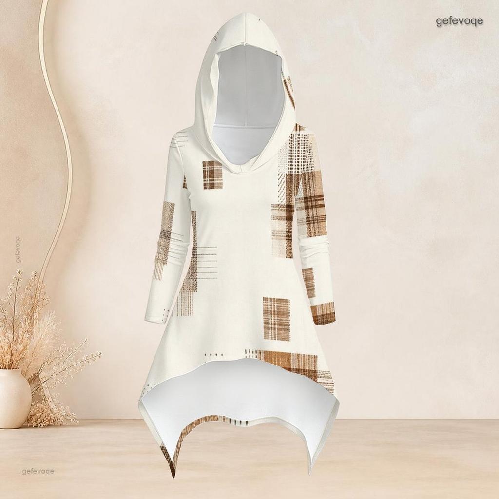 Women Plus Size Two Piece Set Hooded Long Sleeve Plaid Printed High Low Top And Fitted Pants