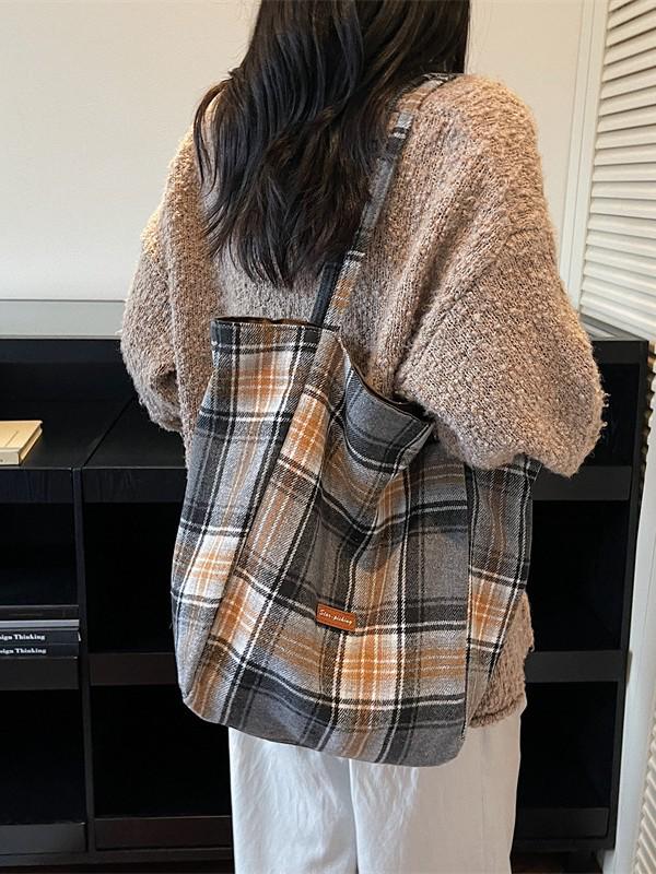 Korean Style Plaid Woolen Tote Bag - Large Capacity & Versatile for Winter 2025