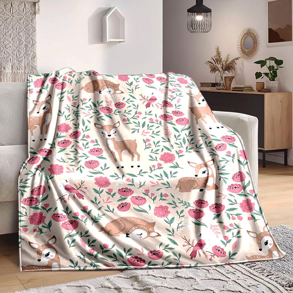 1pc Deer Floral Lightweight Flannel Blanket, Comfortable and Warm Blanket, for Office and Camping Sofa Bed, Livingroom158