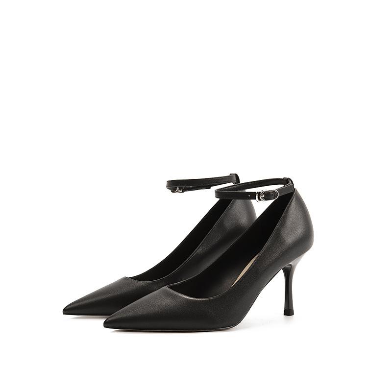 Wide one-word buckle with pointed tip, thin heel, light mouth, fiber high heels for women, daily commuting heels for women