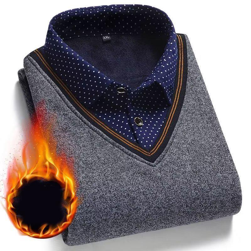 Men's Plush Sweater Autumn Winter Fake Two Piece Pullover Polo Shirt Collar Fleece Thick Warm Top Clothes Casual Jumpers