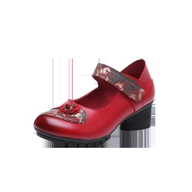 

Жіноче взуття Johnature Retro Pumps Натуральна шкіра Нове 2021 на липучках Лаконічне жіноче взуття ручної роботи 36 червоний
