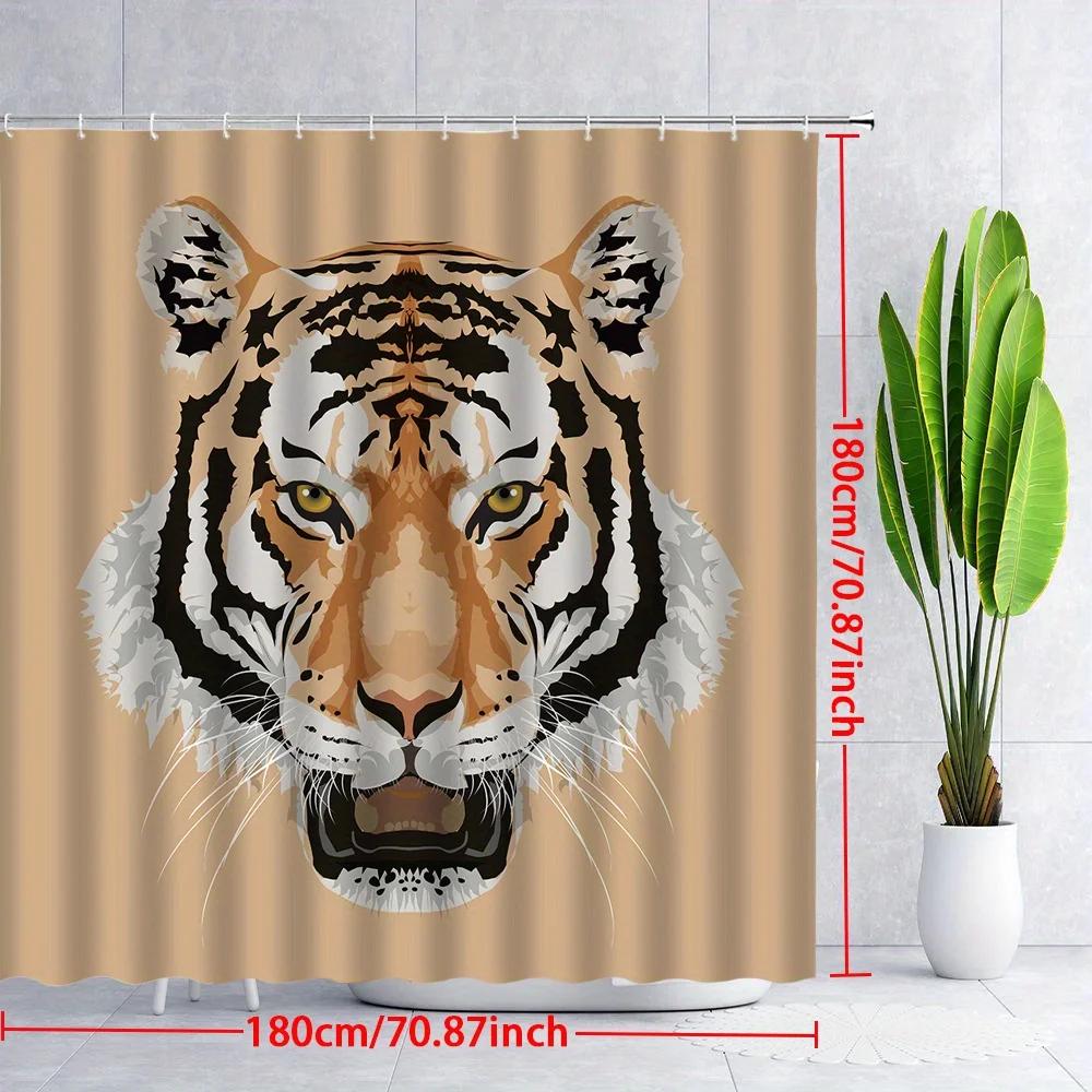 1pc Fierce Tiger Head Shower Curtain - Bold Geometric Tan Design, 70.87x70.87 Inches, 12 Hooks Included, Machine Washable Polyes