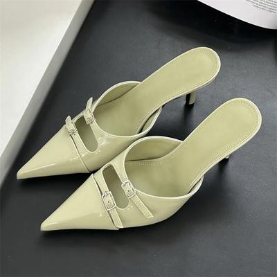 Mules Chinelos Elegantes de Couro Envernizado com Laço Borboleta Femininos Bico Fino Salto Fino Sapatos Moda Vestido Zapatos De Mujer