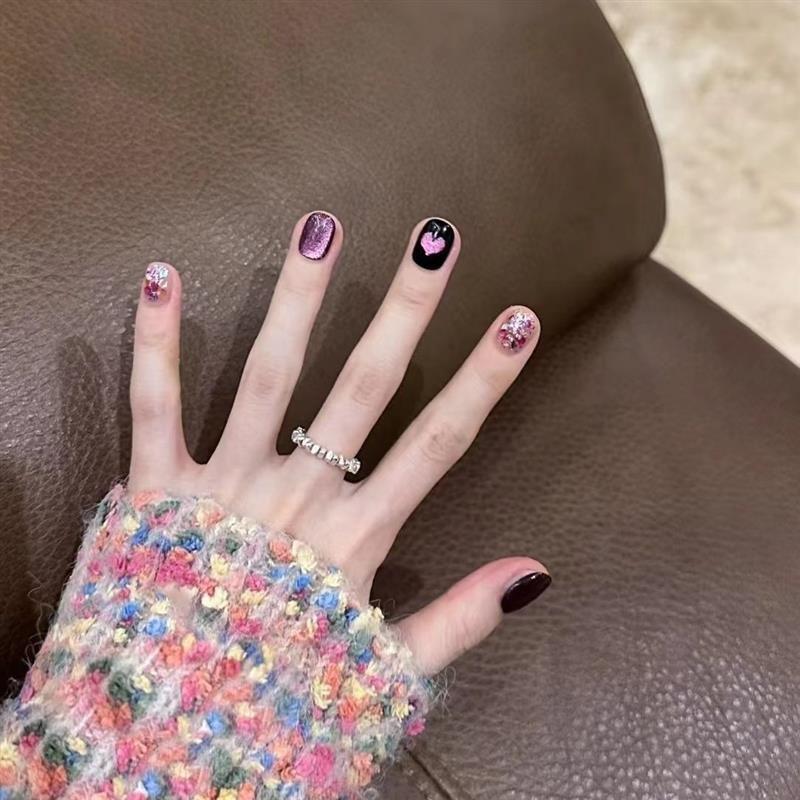 

Heart Cat s Eye Hand-Worn Armor Flash Sequin Nail Stickers Short Armor Fake Nails Xiaohongshu Best Selling Detachable XS, cardiac signal-short Square