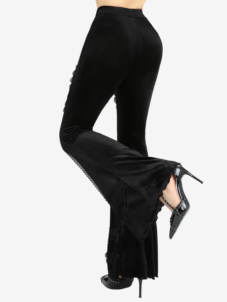 Rosegal Gothic Rose Blume Mesh Applikation Nieten Spitze Besatz Quaste Samt Schlaghose