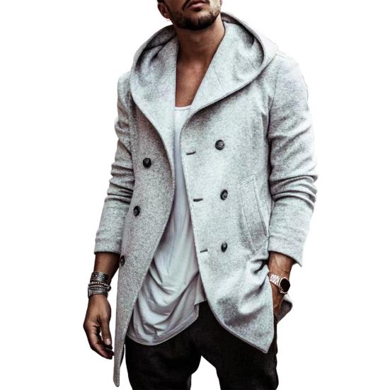 Men Windbreaker Coat Hooded Long Sleeve Solid Color Double-Breasted Jacket with Pockets Autumn Winter Outerwear