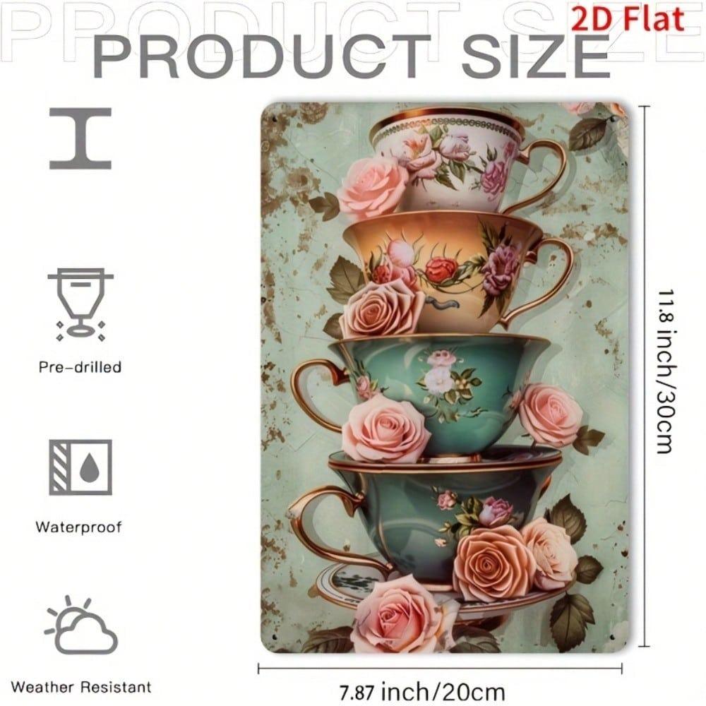 Vintage Floral Metal Wall Art Teacup Decor for Home Cafe