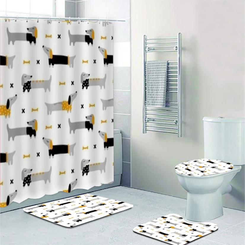 Funny Cute Dachshund Dog Bathroom Curtains Set Shower Curtain Set Cartoon Sausage Dog Bath Mat Rugs Butt Dog Animal Home Decor