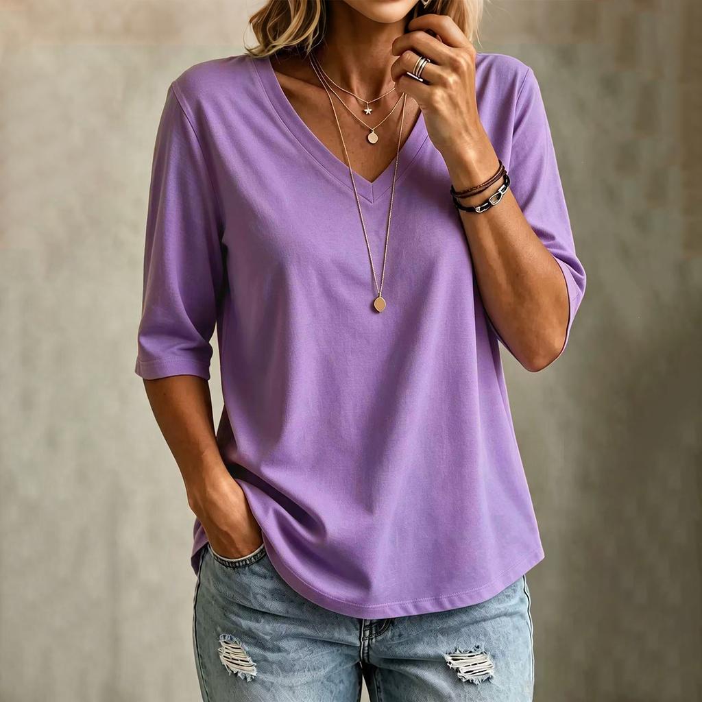 Women's V-Neck T-Shirt Short Sleeve Casual Fit Versatile