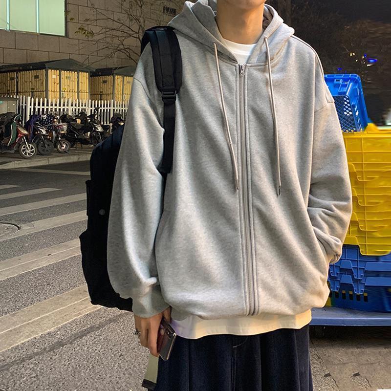 Men's Gray Hooded Sweatshirt - Lightweight, Solid Color, Long-Sleeve Cardigan Jacket for Spring & Autumn, Couple Style with Small Zipper.