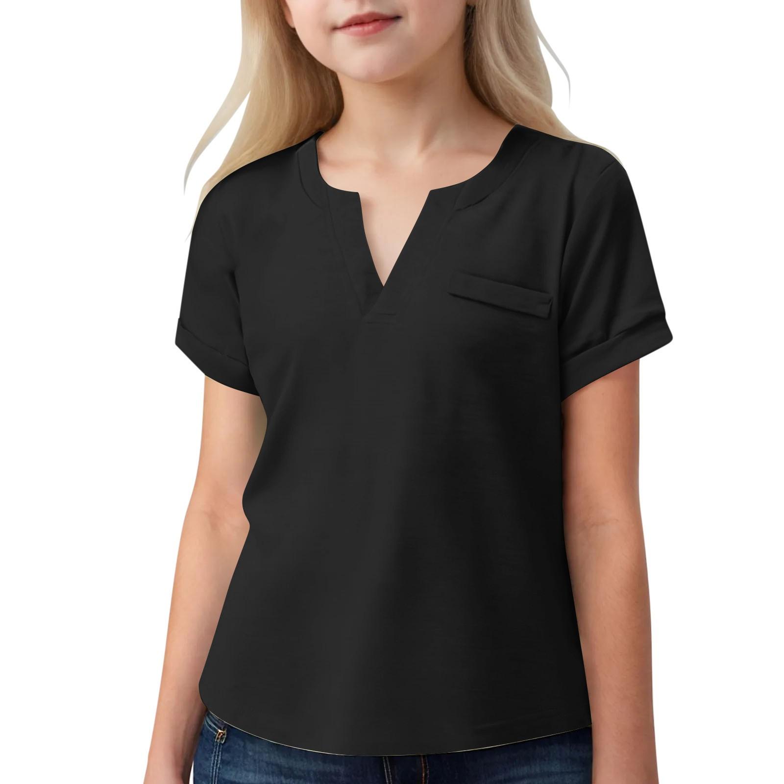 

Летняя детская футболка с V-образным вырезом и карманом для девочек, модная свободная футболка 140 чёрный