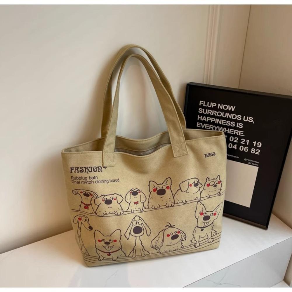 Cute Versatile Canvas Tote Bag Cartoon Dog Pattern Large Capacity Shoulder Bag Korean Style Women's Handbag for Women
