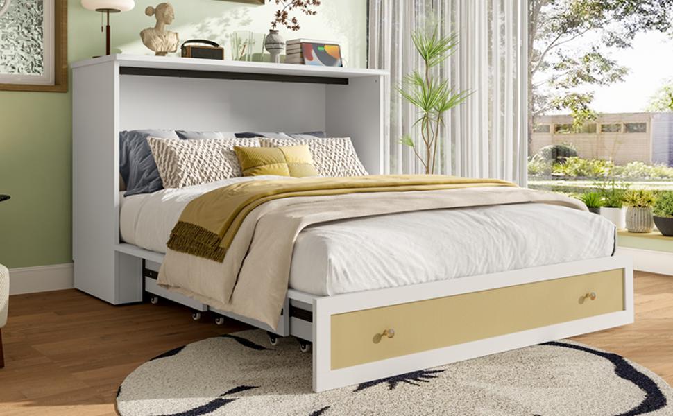 Cabinet Bed, 140 x 200, with Drawers at the Foot and Shelf at the Head of the Bed, with USB and Socket, Convertible Platform, Without Mattress, White