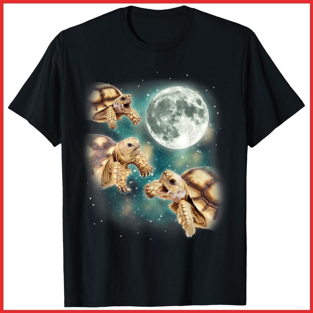 Three Tortoises Howl At Moon Wildlife Mountain Turtle Meme Black Cotton T-Shirt Unisex T-Shirt S
