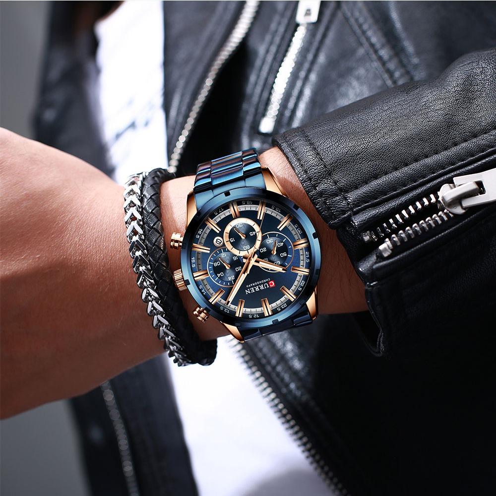 Curren Herrenuhr Blaues Zifferblatt Edelstahlarmband Datum Herren Business Herrenuhren Wasserdicht Luxus Herren Armbanduhren für Herren
