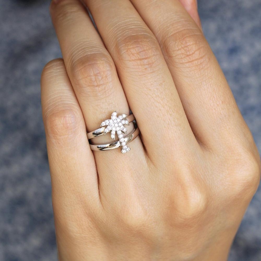 Fashion Coconut Tree Zircon Ring Femininity Simple Forked Ring Japan and Korea Diamond Tail Ring Creative Jewelry