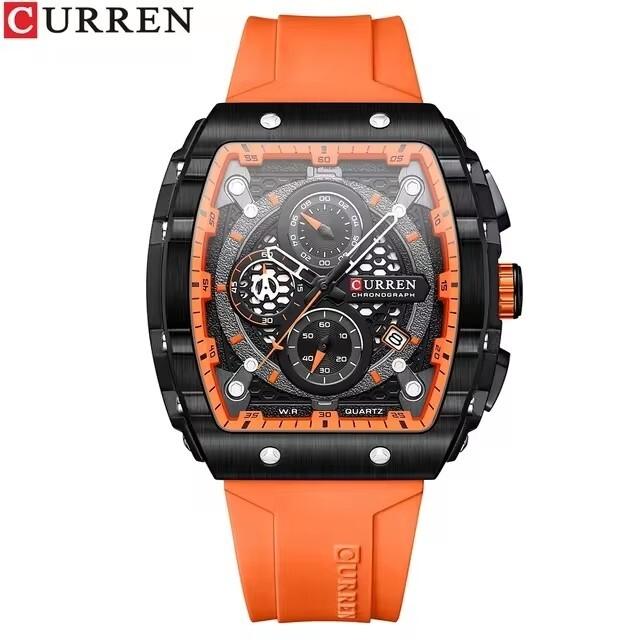 Curren 8442 Luxury Bussiness Chronograph Men's Tonneau Watches Silicone Band Casual Wristwatch Big Dial Quartz Clock