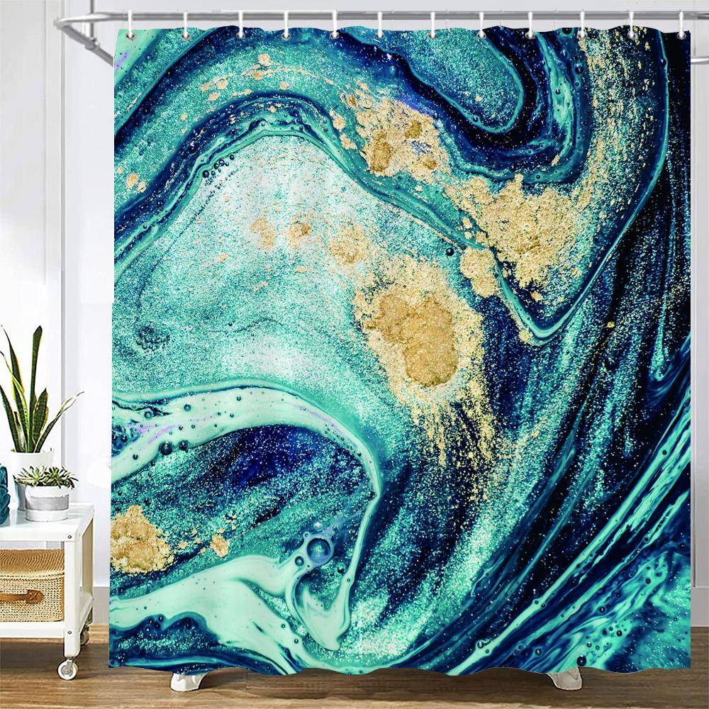 High Quality Geometric Marble Pattern Printed Fabric Shower Curtains Bath Screen Waterproof Products Bathroom Decor with Hooks