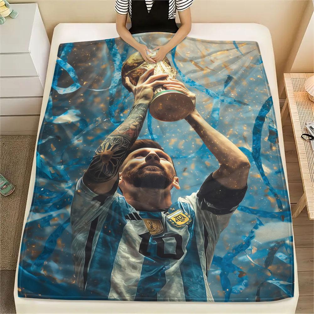 Coperta in Flanella Stampata Lionel Messi, morbido plaid per camera da letto divano, lavabile, merchandising per tifosi di calcio, ottimo regalo.