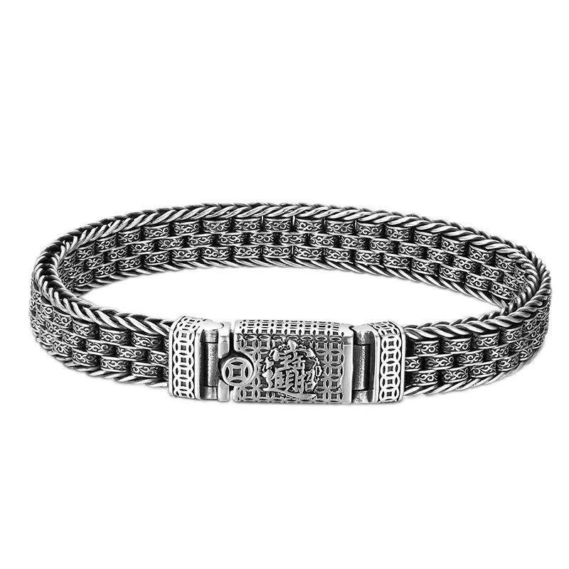 Papas Herrenarmband für Reichtum und Wohlstand, Gewebtes Tang-Gras-Muster, Dicker Stil, Trendy für Herren, Imitation Thailändisches Silber, Retro, Mächtig und Alt