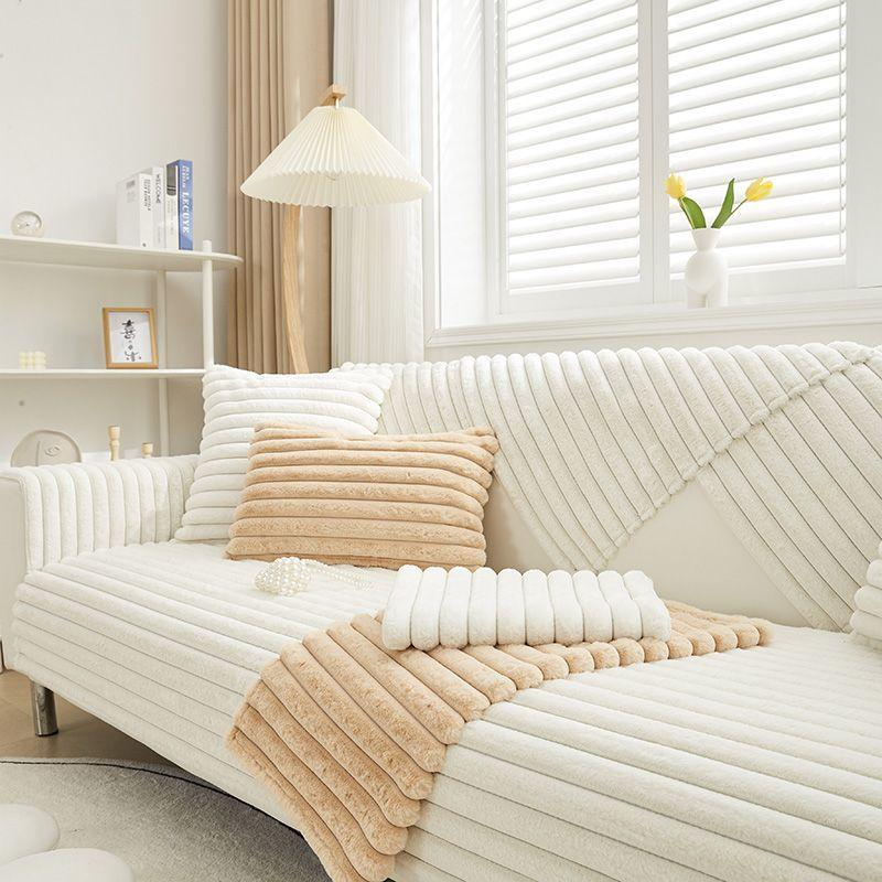 Rabbit Plush Straight Strip Sofa Cover Winter Thicken Plush Sofa Mat Couch Slipcovers for Living Room Solid Anti-slip Sofa Towel