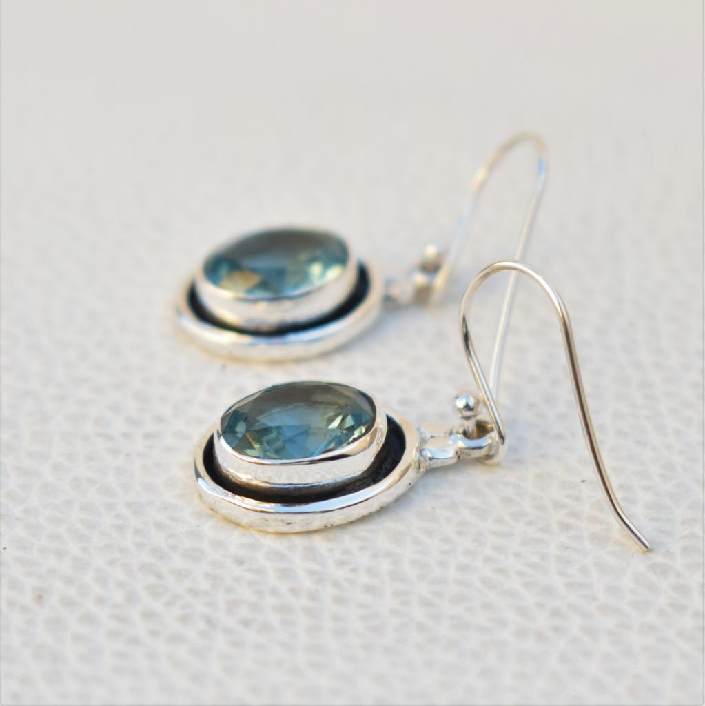 Handmade Oval Blue Topaz Earrings: 925 Sterling Silver Dangle