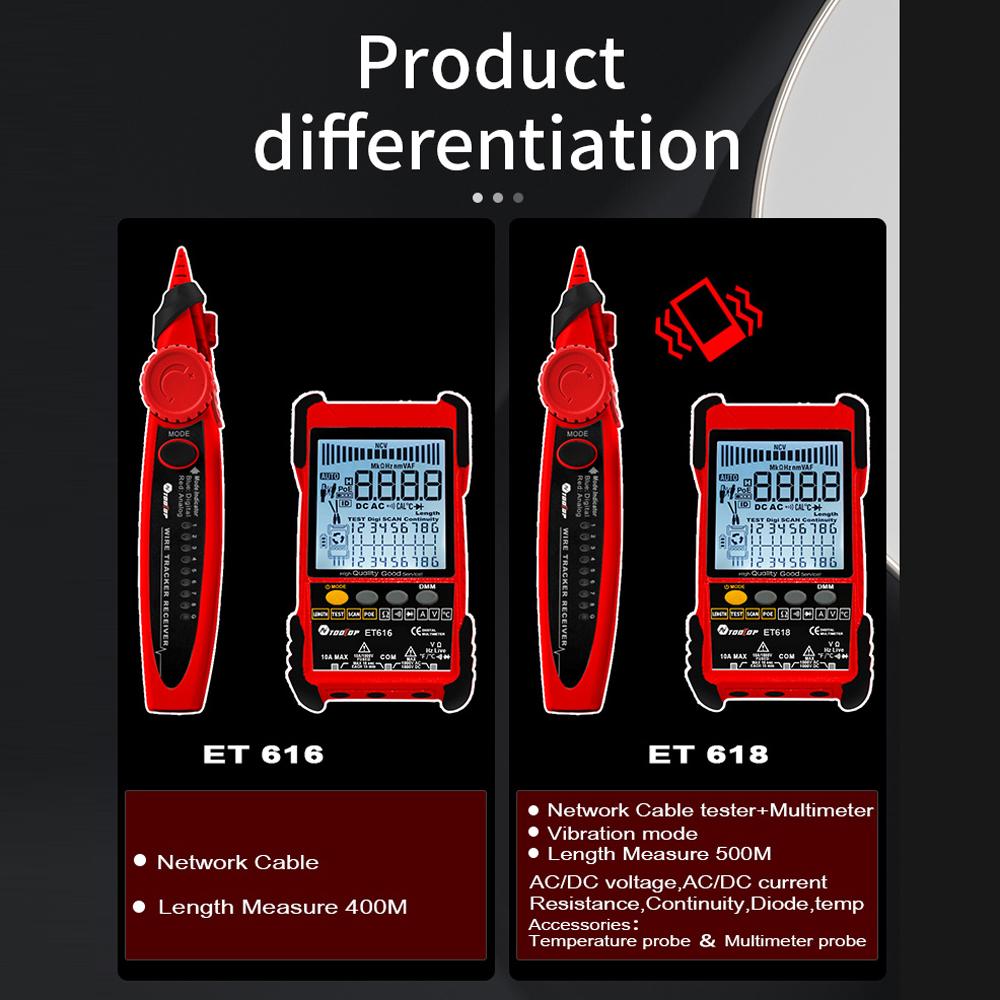 TOOLTOP ET618 Handheld Portable Cable Tester with LCD Display Analogs Digital Search POE Test Cable Pairing Sensitivity